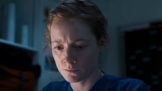 A close up of Leonie Benesch in a still from the film Late Shift