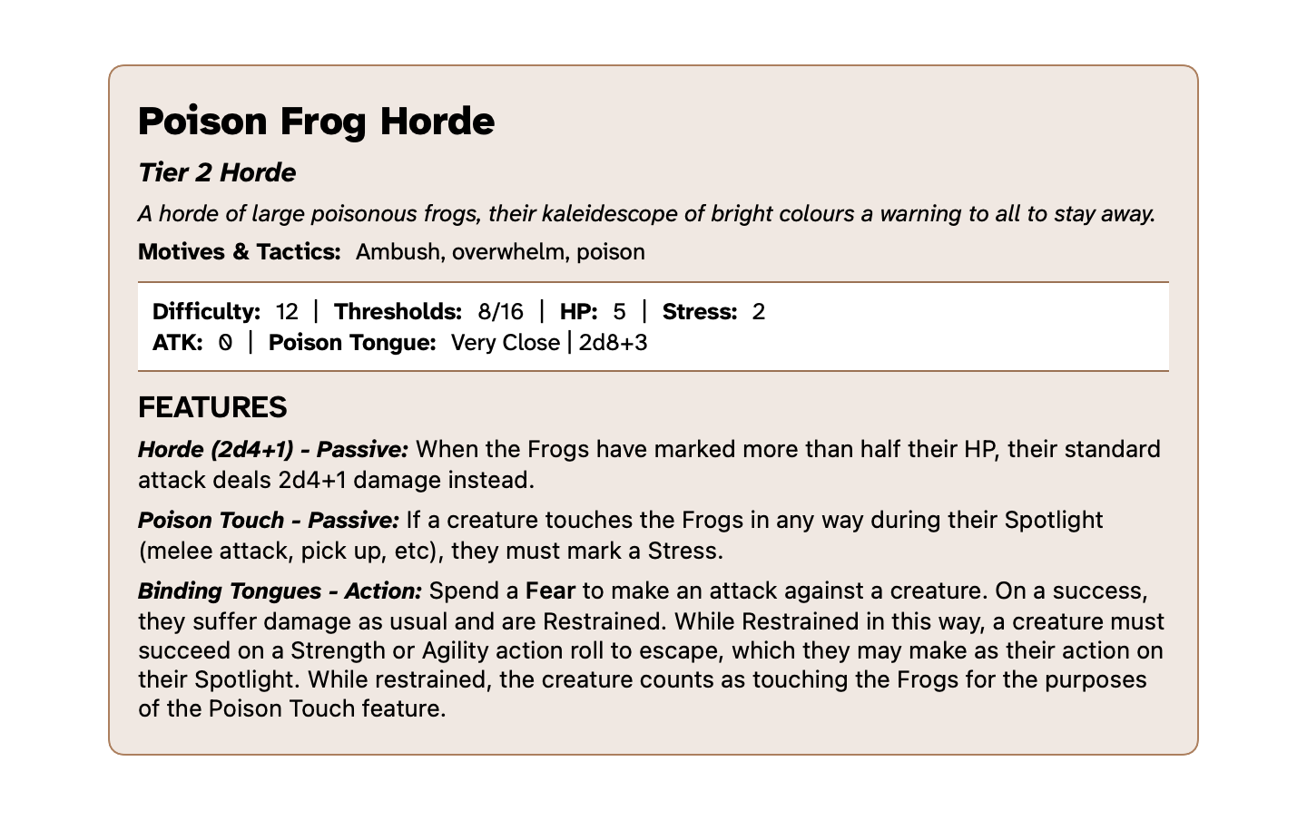 A stat block for the Poison Frog Horde - an accessible PDF version is available at the end of the article.