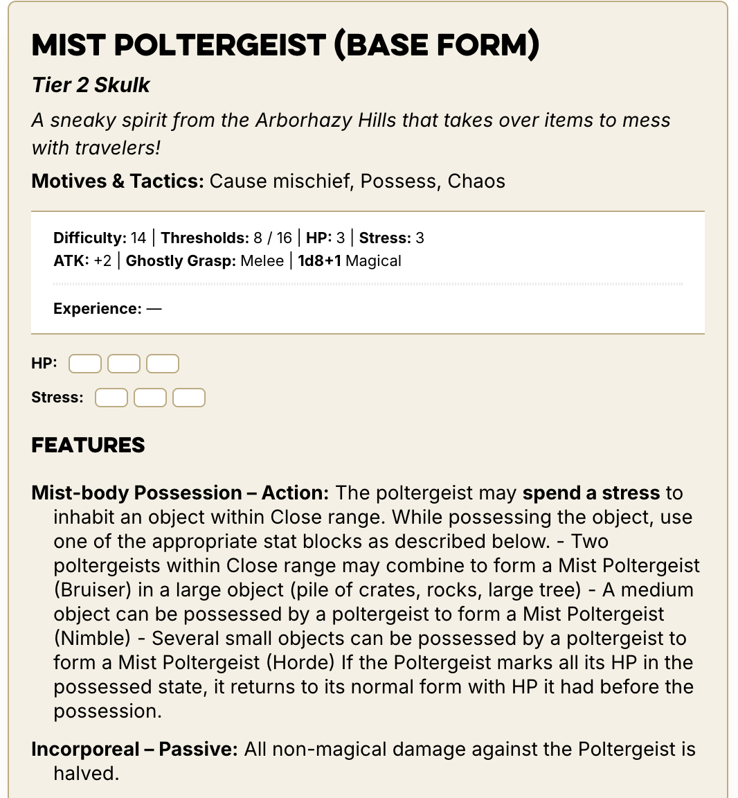 A stat block for the Mist Poltergeist (Base Form). Accessible links at the end of the article.