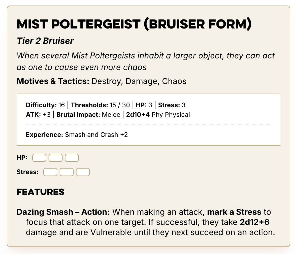 A stat block for the Mist Poltergeist (Bruiser Form). Links to accessible stat blocks at the end of the article.