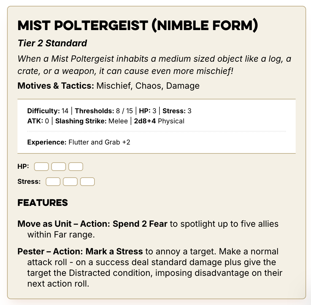 A stat block for the Mist Poltergeist (Nimble Form). Links to accessible stat blocks at the end of the article.