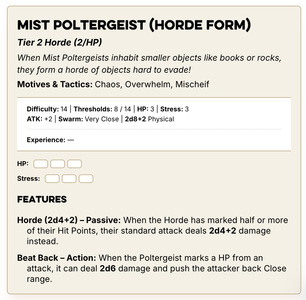 A stat block for the Mist Poltergeist (Horde Form). Links to accessible stat blocks at the end of the article.
