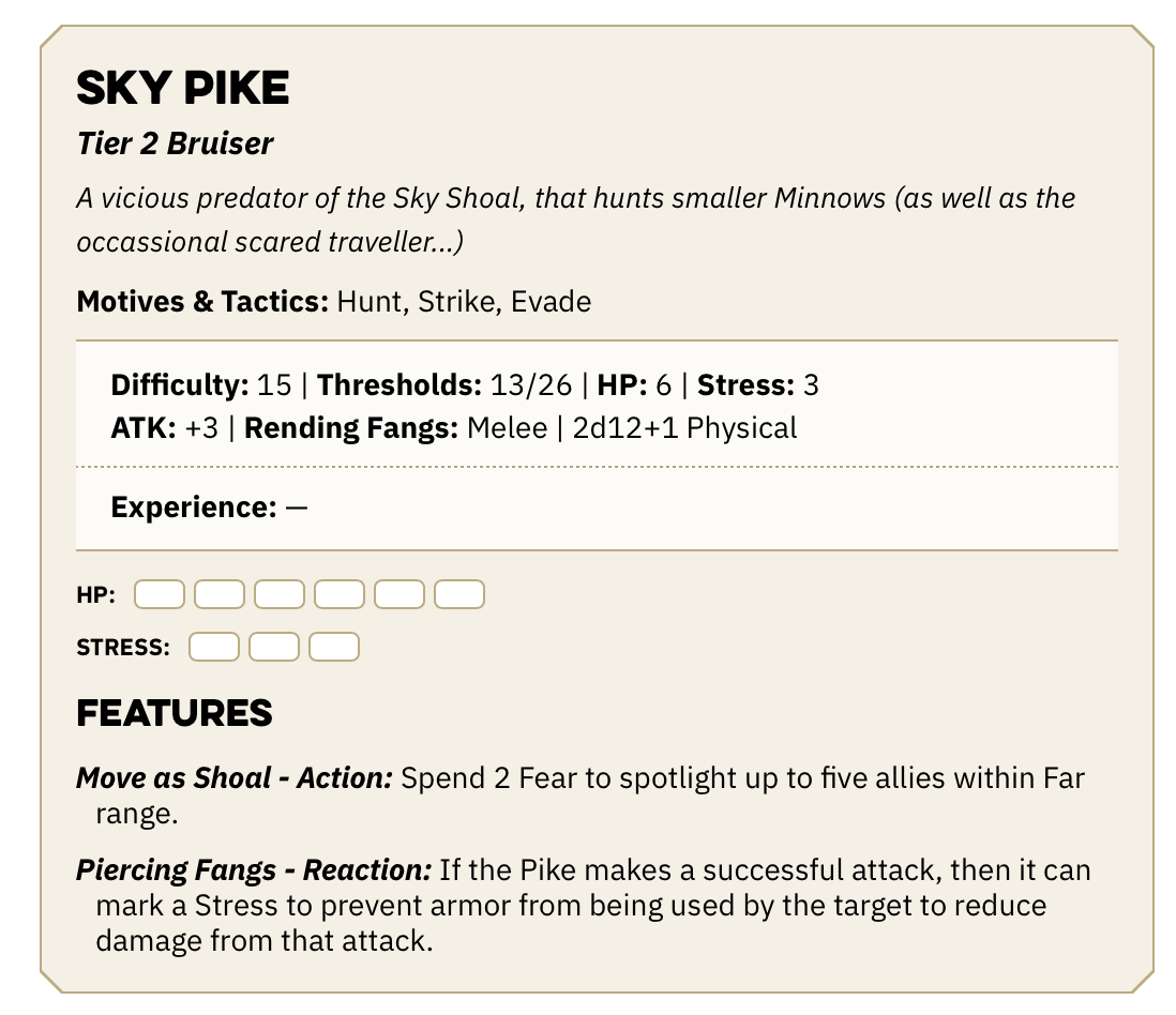 The stat block for the Sky Pike. An accessible version is available at the above Heart Of Daggers link
