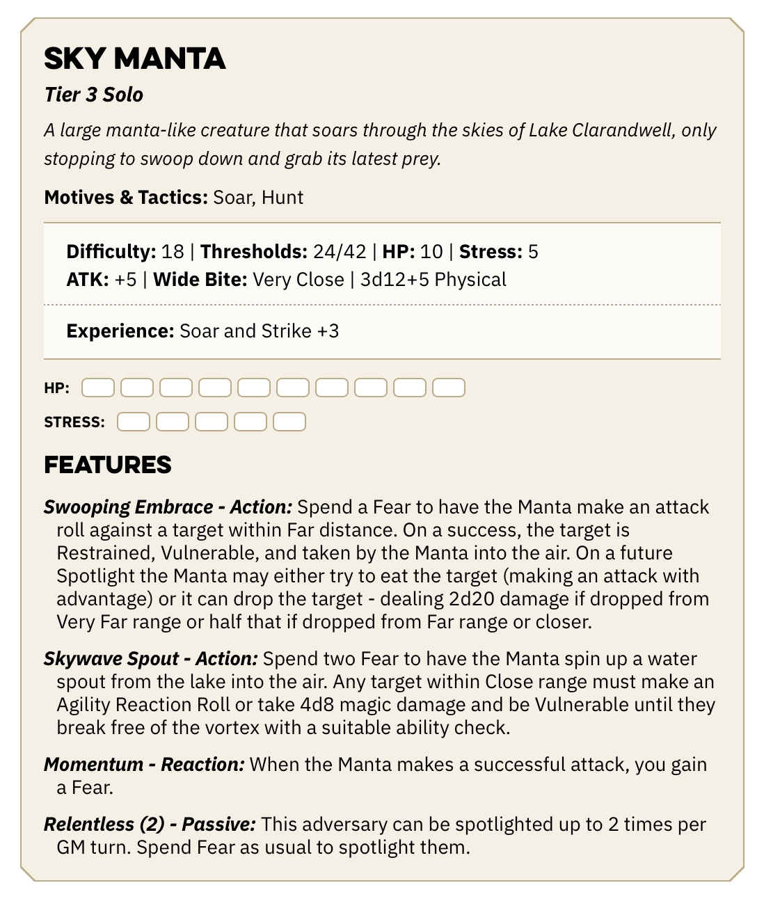 The stat block for the Sky Manta. An accessible version is available at the above link.