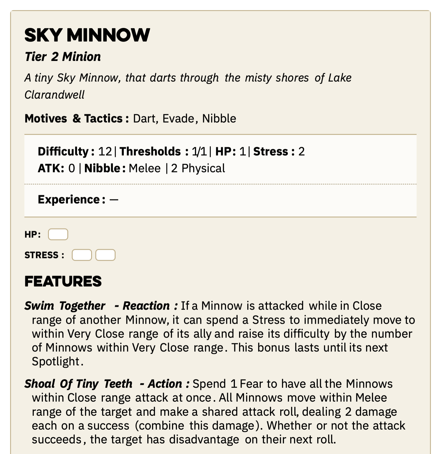 The stat block for the Sky Minnow. See the above heart of daggers link for an accessible version.