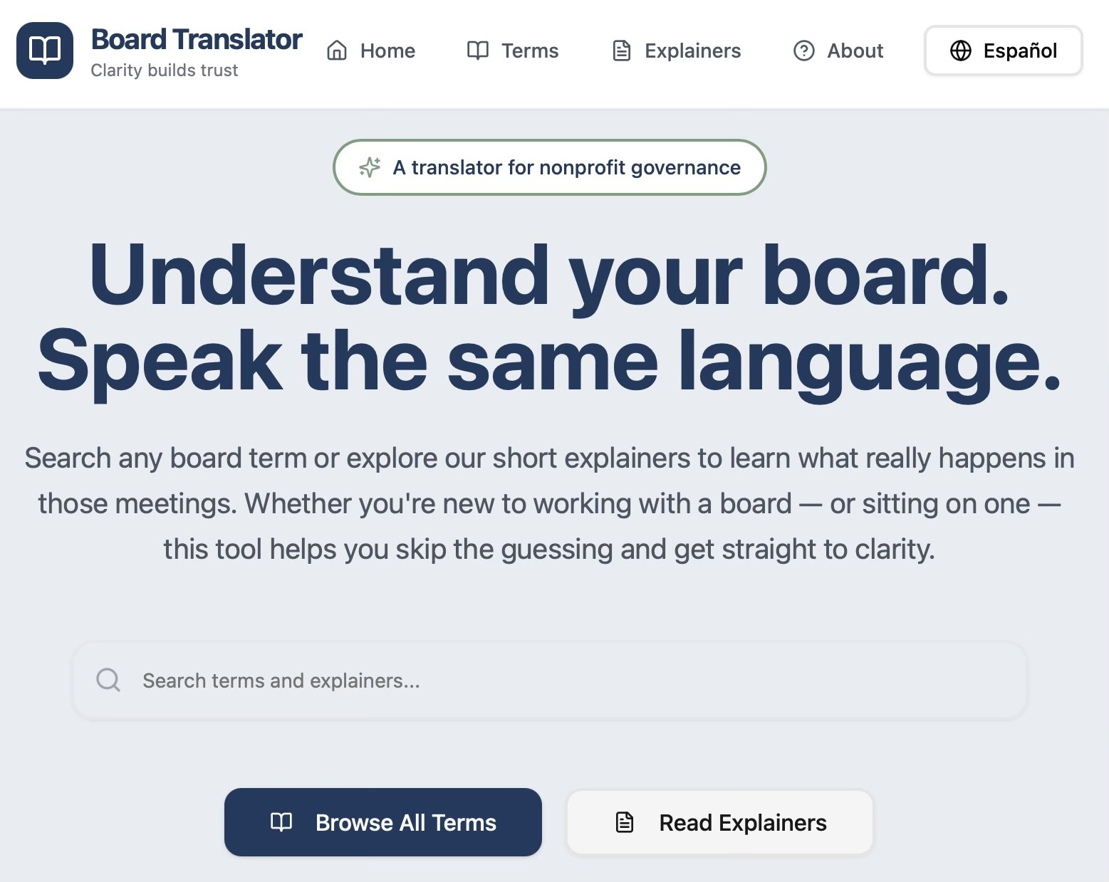 Screenshot of the Board Translator homepage showing the tagline “Understand your board. Speak the same language.” and a search bar inviting users to look up board terms or read short explainers. Buttons labeled “Browse All Terms” and “Read Explainers” appear below the text.