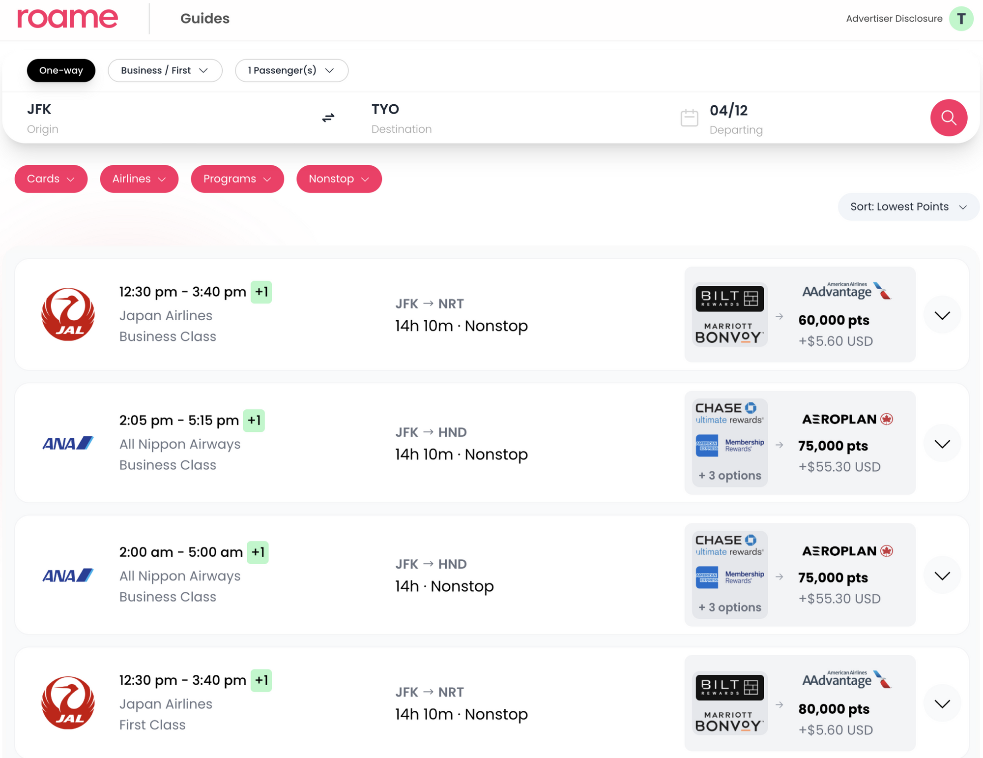 Roame - Google Flights using points & miles