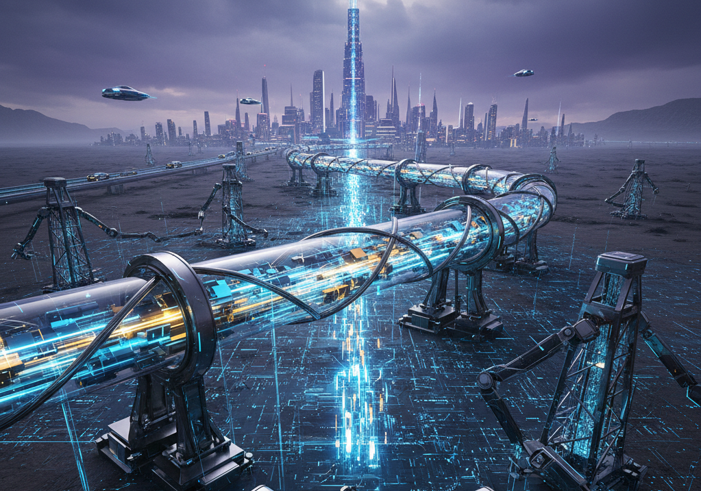 Data is the new oil. A futuristic landscape showing a pipeline connecting to a city but instead of oil it's data.