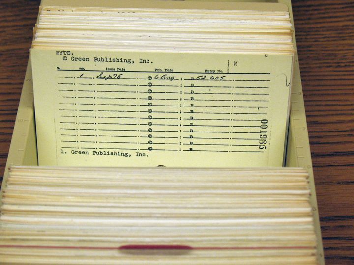 A yellow card in a card catalog file books from the US Copyright Office for the title BYTE by Green Publishing, Inc., entry number 52605.