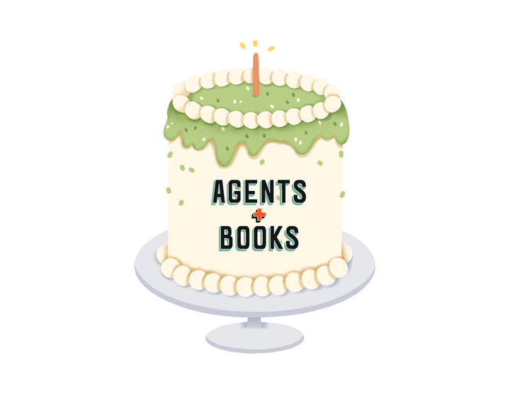 A white and green birthday cake with Agents + Books superimposed on the side.