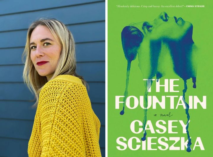 A blond white woman in a yellow sweater against a blue background and the cover of a green book with a blue melting face illustration, white text: The Fountain a novel Casey Scieszka.