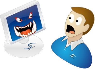 A cartoon drawing of a computer monitor with a scary face on it across from a drawing of a white man in a blue shirt with a surprised look on his face.