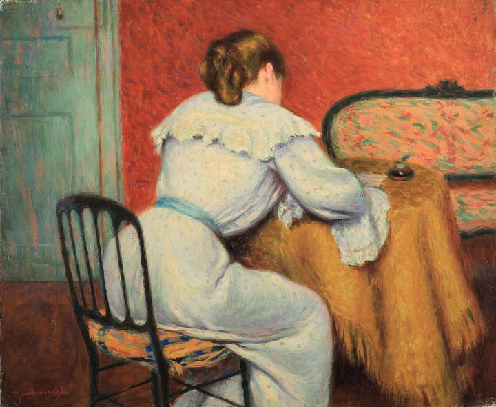 Federico Zandomeneghi - Woman writing (1894) - Private collection, painting of woman in white dress with her back to the viewer, writing on a table with a yellow table cloth