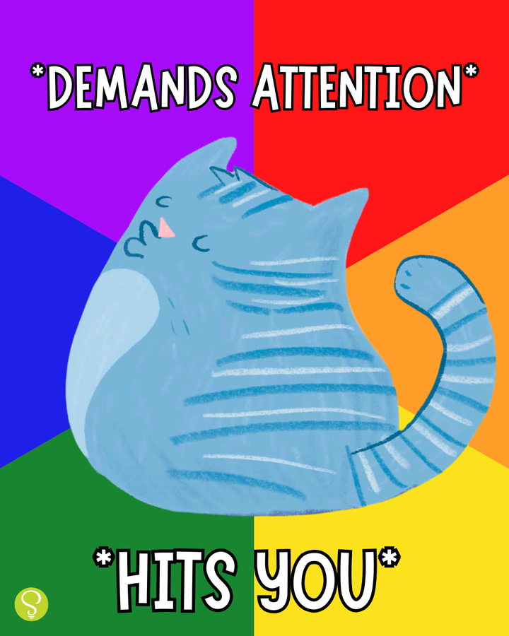 a gray cartoon cat in front of a rainbow background. Text reads: *Demands attention* and *hits you* in white text.