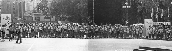 a black and white photo of runners at a startling line of a marathon in Riga, 1991.