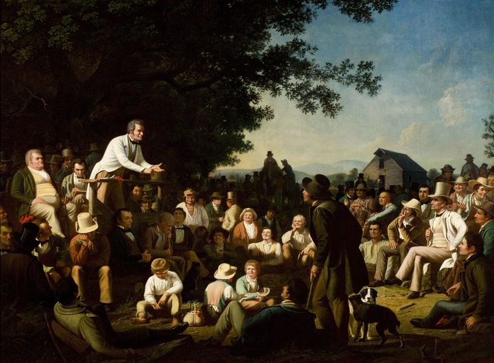 Oil painting of a white man speaking to a crowd of other white people, circa 1853