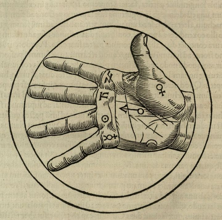 A black and white drawing of a palm reading guide
