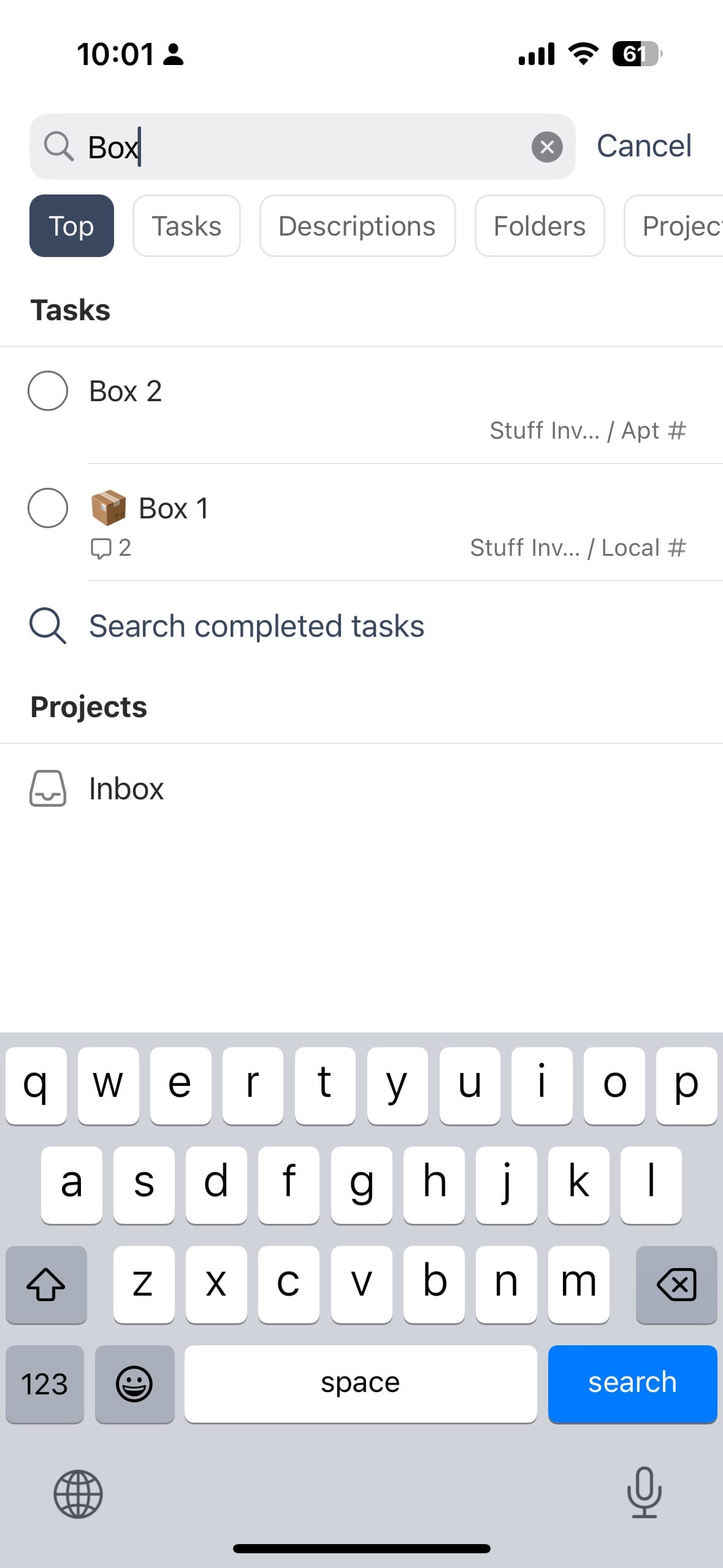 In the search results you can see not only the list that the item is in, but the Section as well, i.e. Apt, or Local.