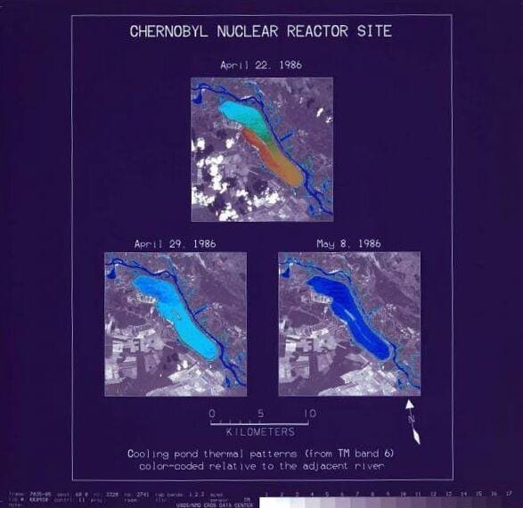Landsat thermal imagery of Chernobyl's reactor cooling pond, before and after the 26 April 1986 explosion — the accident that forced the USSR to set a number it insisted it did not believe in. USGS / NASA Landsat 5; source (public domain).