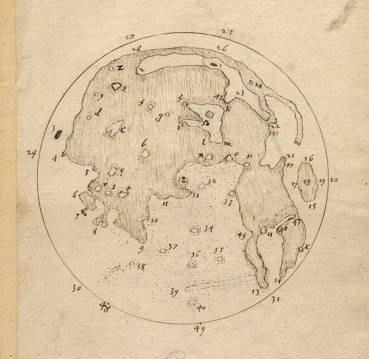Thomas Harriot’s telescopic map of the full Moon (c. 1612–13): accurate cartography, unpublished until long after his death. Public domain.