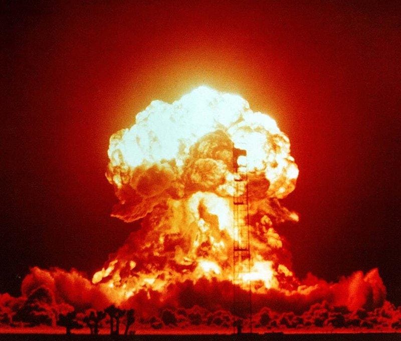The "Badger" shot of Operation Upshot-Knothole at the Nevada Test Site, 18 April 1953 — the era and place in which the radiation-protection committees retired the "tolerance dose" and put an acceptable one in its place. U.S. National Nuclear Security Administration / Nevada Site Office; source (public domain).