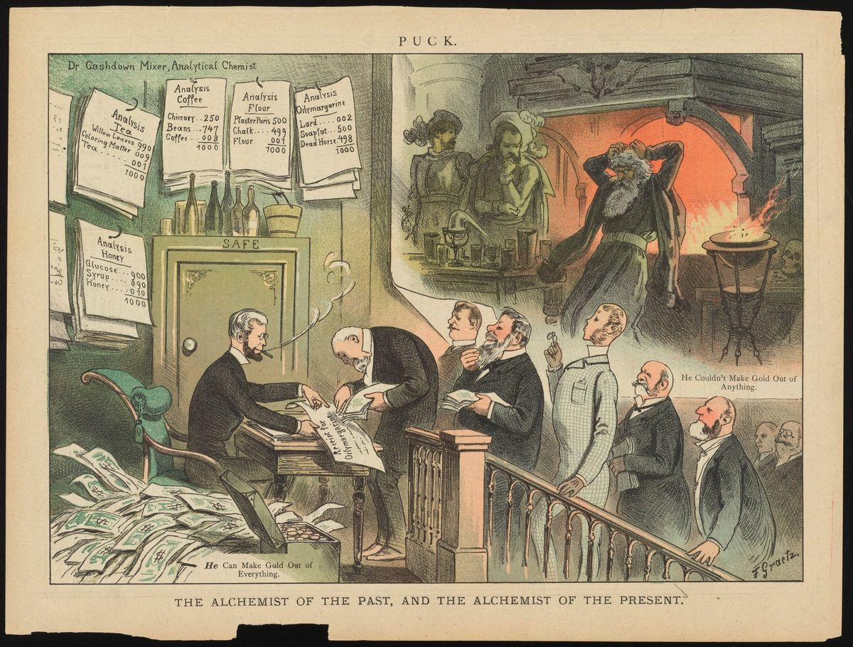 The scene depicts a character named Dr. Cashdown Mixer, Analytical Chemist collecting payments for items such as "Analysis Tea," "Analysis Coffee," and Analysis Oilymargarine"