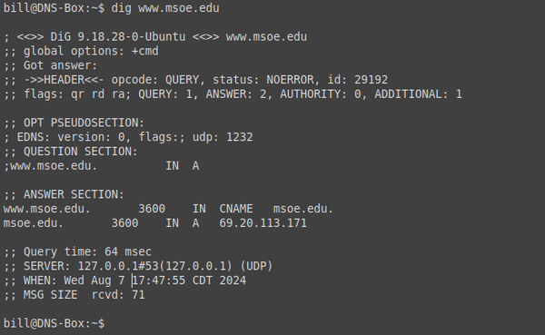 DIG query from the Linux command line for www.msoe.edu