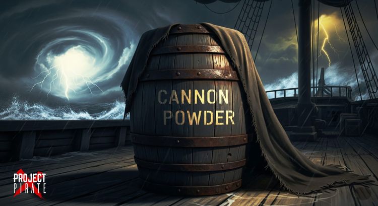 Project Pirate - Gunpowder barrel with protective cover against stormy sea, symbolising strategic restraint