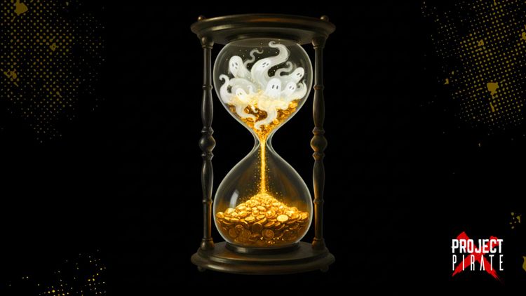 Hourglass with ghostly figures transforming into golden coins through time
