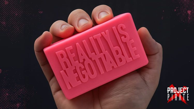 A pink soap bar embossed with the words "Reality Is Negotiable," styled as a Fight Club reference.