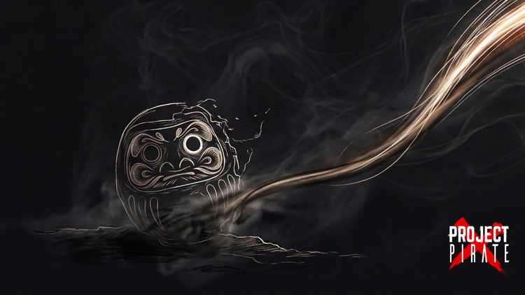 Dark illustration of a Daruma doll rendered in fine gold and white line-work, partially dissolving into smoke against a black background