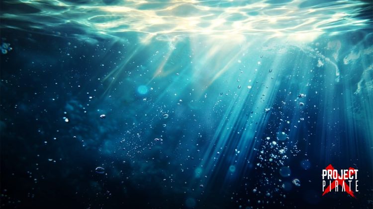 Sunlight filtering through deep water, with rays of light and rising bubbles against a dark blue-green sea.