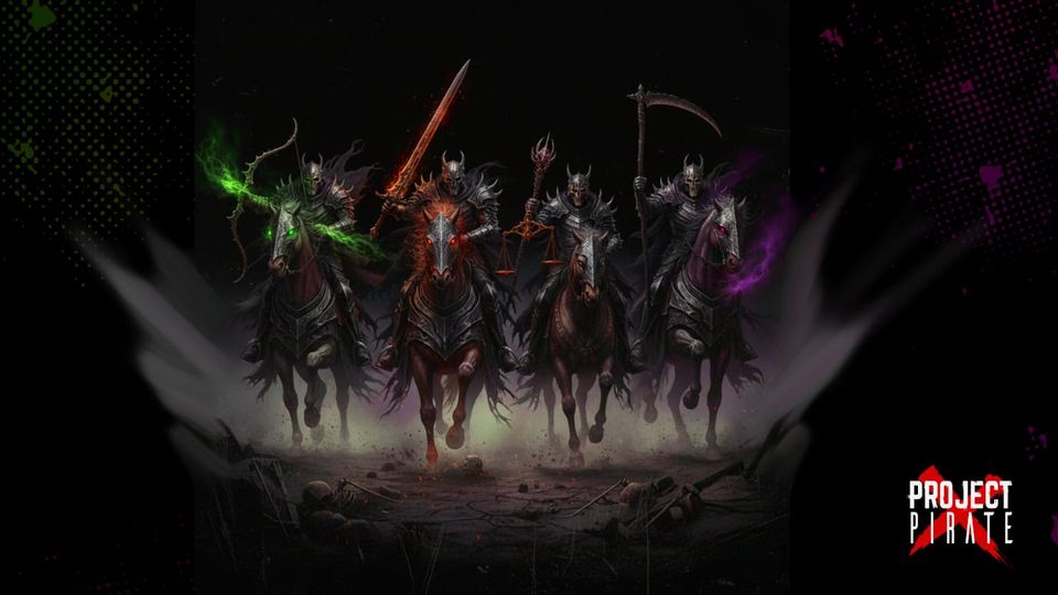 The biblical Four Horsemen of the Apocalypse charging across a stormy battlefield, each carrying different weapons