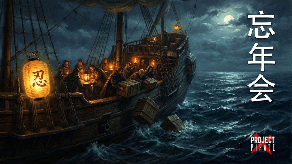 Ship crew jettisoning cargo crates into stormy seas at night, illuminated by Japanese lanterns, with 忘年会 (Bonenkai) text