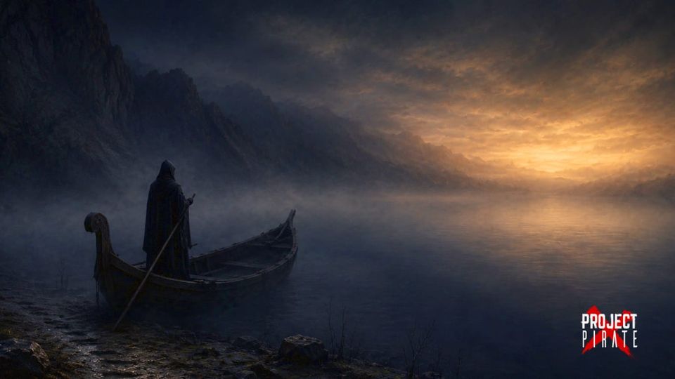 A cloaked ferryman stands motionless in a ancient wooden boat at the edge of a dark river, mist rolling across still water toward a distant amber glow on the far shore.