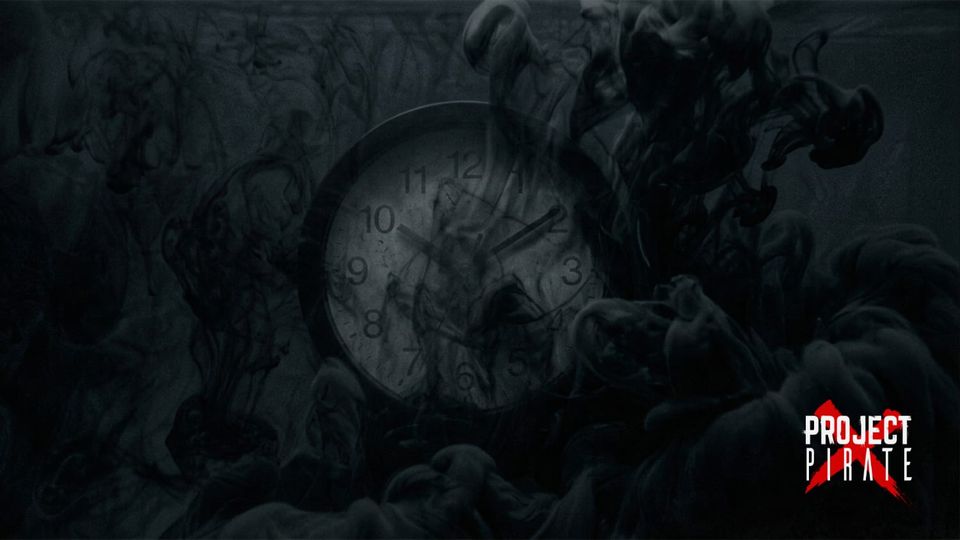 A clock face submerged in dark swirling ink, its numerals barely legible as black smoke consumes the dial