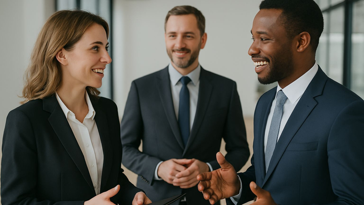 Three business professionals in formal suits are standing indoors, smiling and engaged in a lively conversation. 