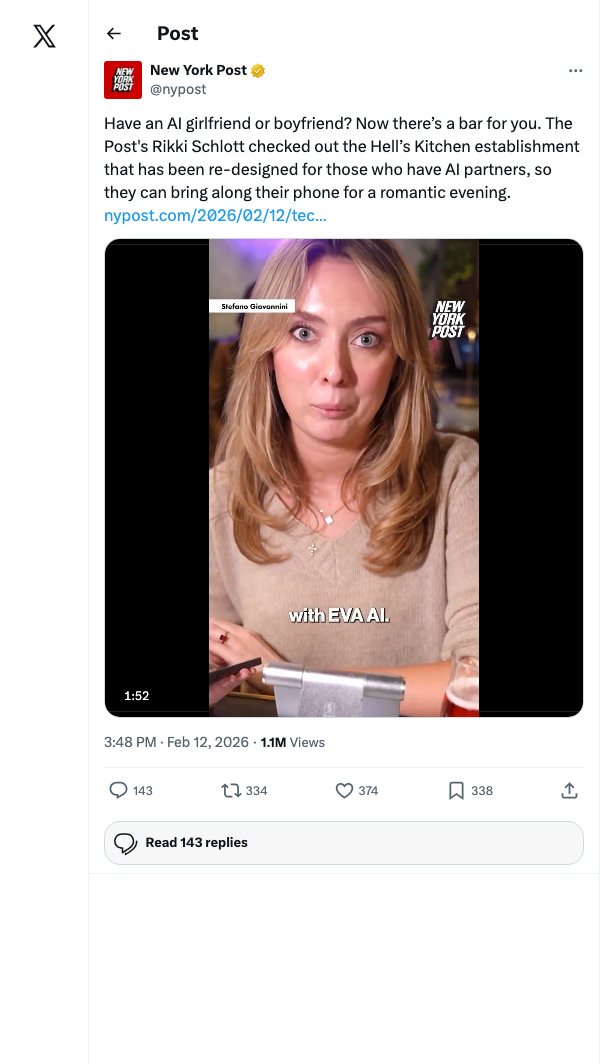Tweet from @nypost about AI girlfriend bar