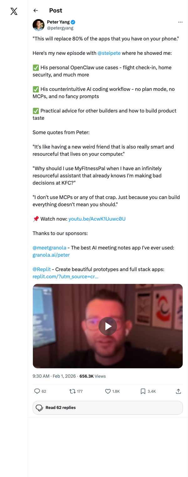 Tweet from @petergyang about AI replacing apps