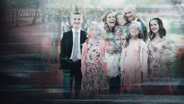 Image from the Ruby Franke docuseries produced by Hulu. We see a family with four smiling faces, and three faces of young children blurred out.