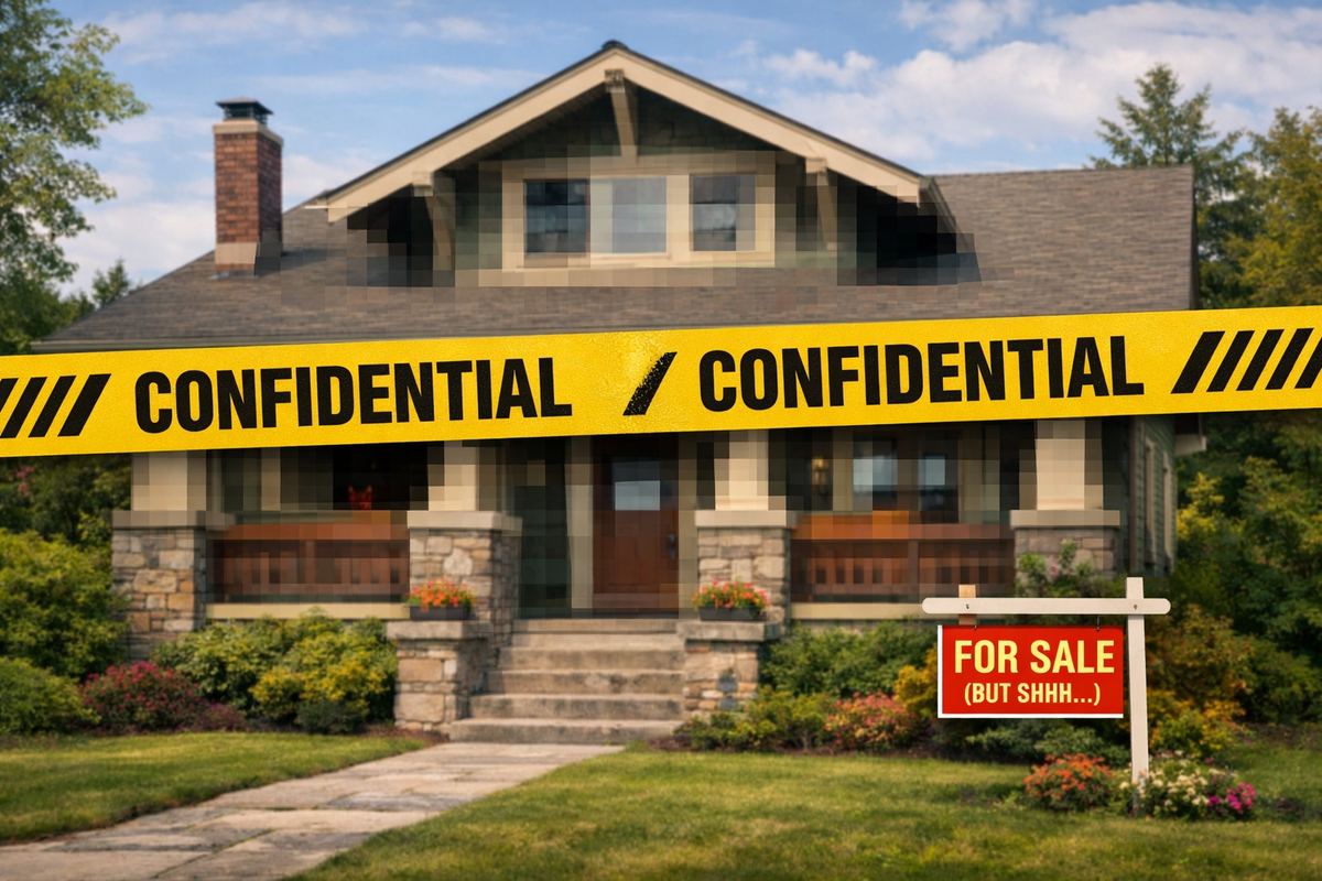 House with a "confidential" strip over it, blurred out windows and a For Sale sign that says "But SHHHH"