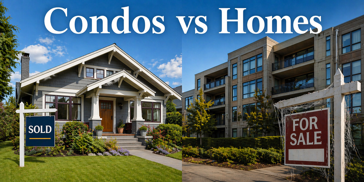 Craftsman home on the left and condo building on the right