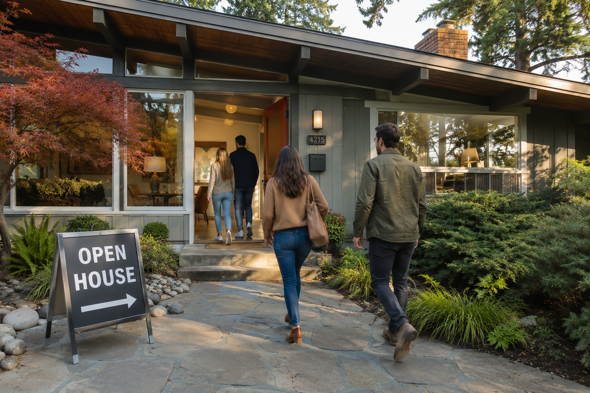 people walking into a real estate open house with an open house sign