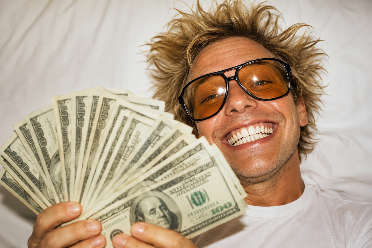 Young man with sunglasses and wild hair showing fanned out hundred dollar bills