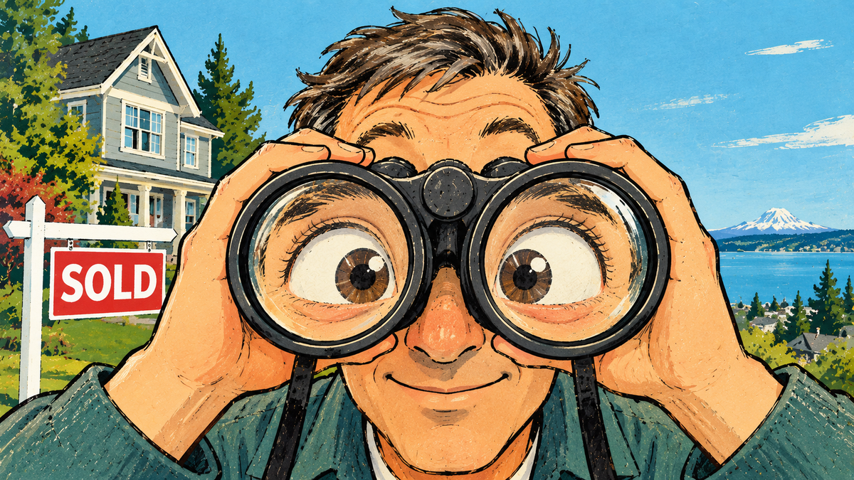 Man in the Pacific Northwest looking through binoculars in front of a sold house