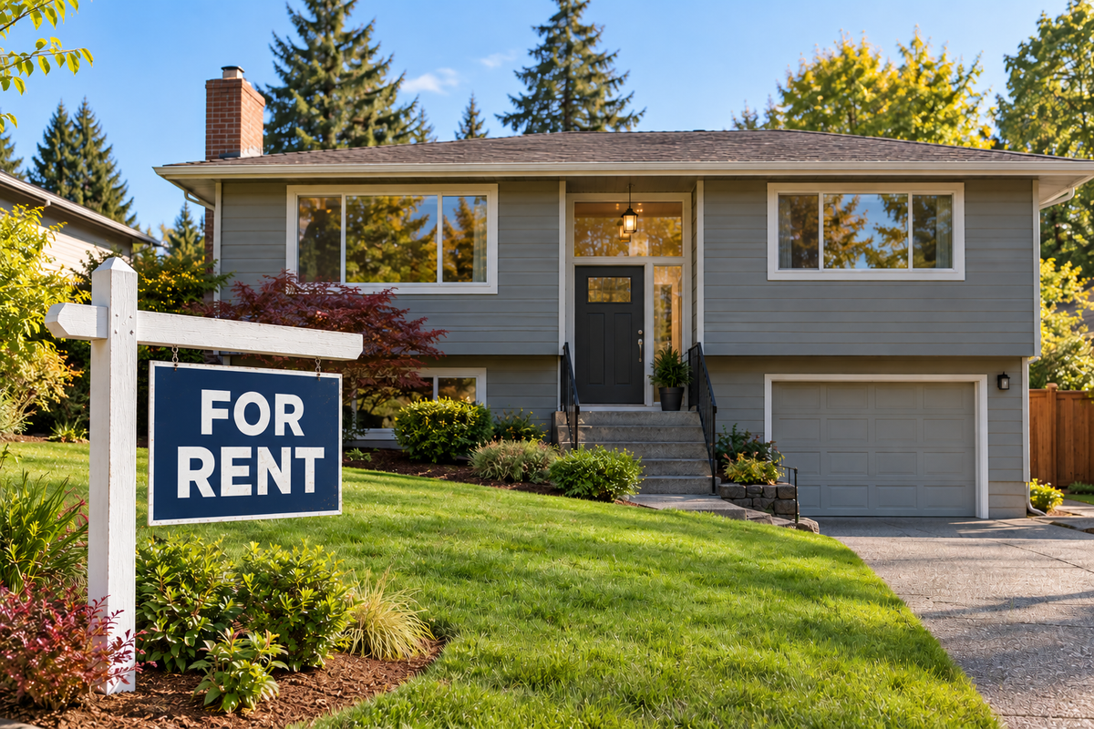 Split entry home in Tacoma with a For Rent sign in front