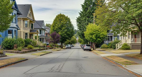 A street in Tacoma, WA featuring turn of the century homes and cars parked on the street out front
