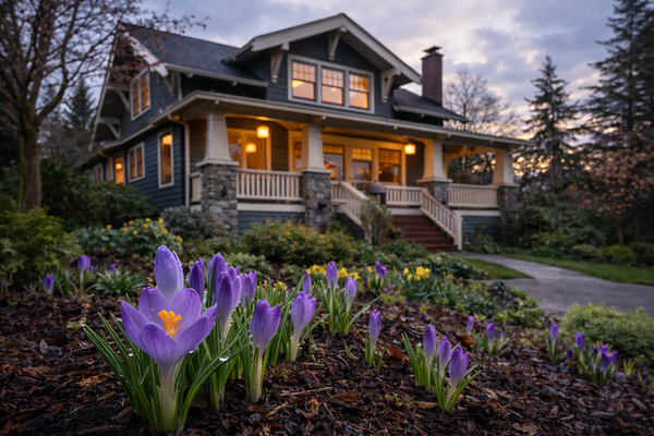 Craftsman home with crocuses blooming in the front yard