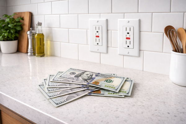 Money on a quartz counter with two GFCI outlets on the subway tile backsplash