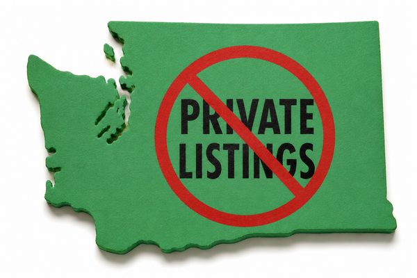 Cutout of Washington State with a message that says Private Listings crossed out